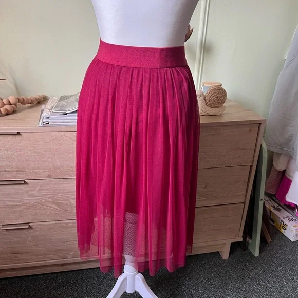 Maroon Red Layered Mesh Pleated Tutu High-Waist Modest Midi Knee-Length Skirt S - Picture 6 of 16
